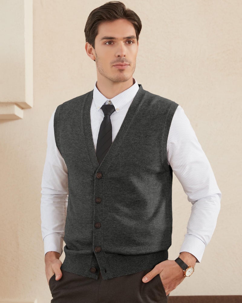 Kallspin Men's Sweater Vest Wool Blend V-Neck Button Sleeveless Cardigan Vest Sweater (Charcoal, Medium) - Image 2